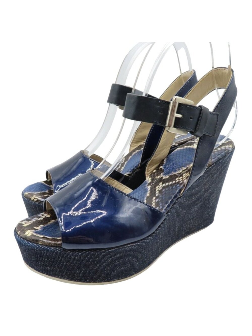 AGL Attilio Giusti Leombruni 7.5 US 38 Blue Patent Leather Denim Wedge Sandals